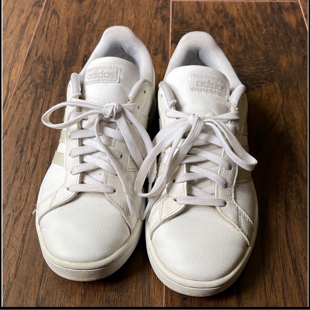 Adidas Sneakers, white with pearl white stripes, size 8